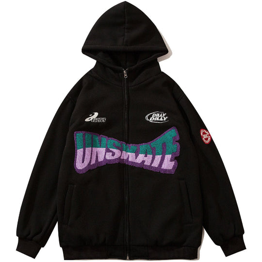 Letter Embroidery Flocking Zipper Hoodie
